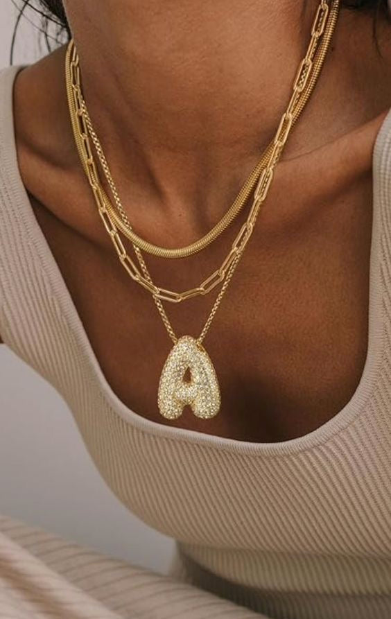 Bubble letter initial necklace set | Gold