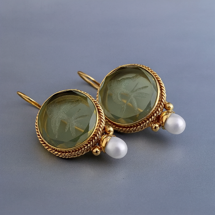 Retro Green Stone Pearl Earrings