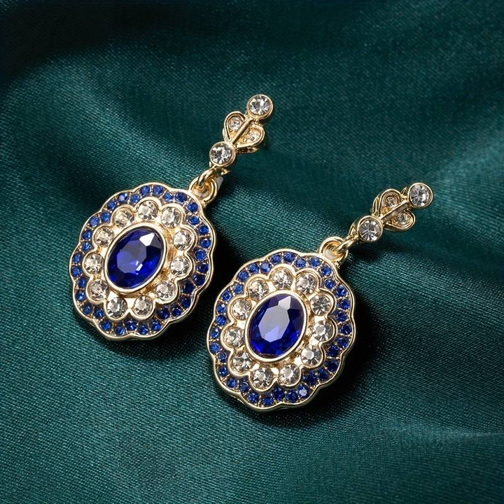 Vintage Gold Blue Crystal Mandala Earrings